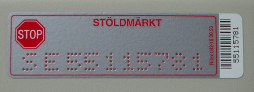 St&ouml;ldskyddsetikett 75 x 21 mm, r&ouml;d etsv&auml;tska p&aring; beige yta