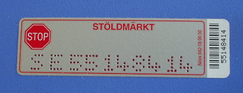 St&ouml;ldskyddsetikett 75 x 21 mm, r&ouml;d etsv&auml;tska p&aring; bl&aring; yta